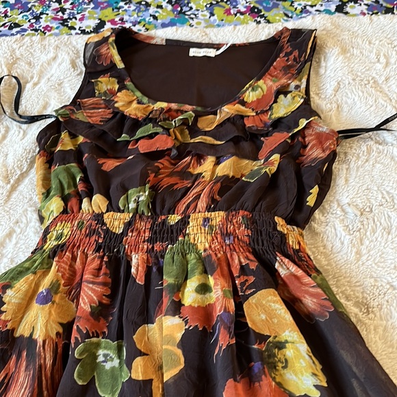 Blue Bird Floral Brown/Yellow Hem & Neckline Ruffle Waist Smocks Hig low Dress S - Picture 2 of 7
